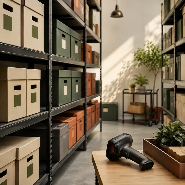 Organized warehouse shelves and inventory scanner