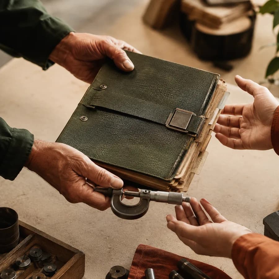 Experienced hands passing a process binder and precision tool